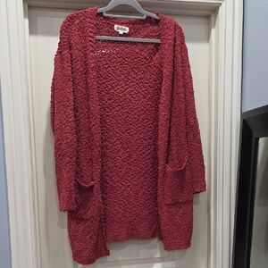 Pinkish Red Popcorn Tunic Length Cardigan